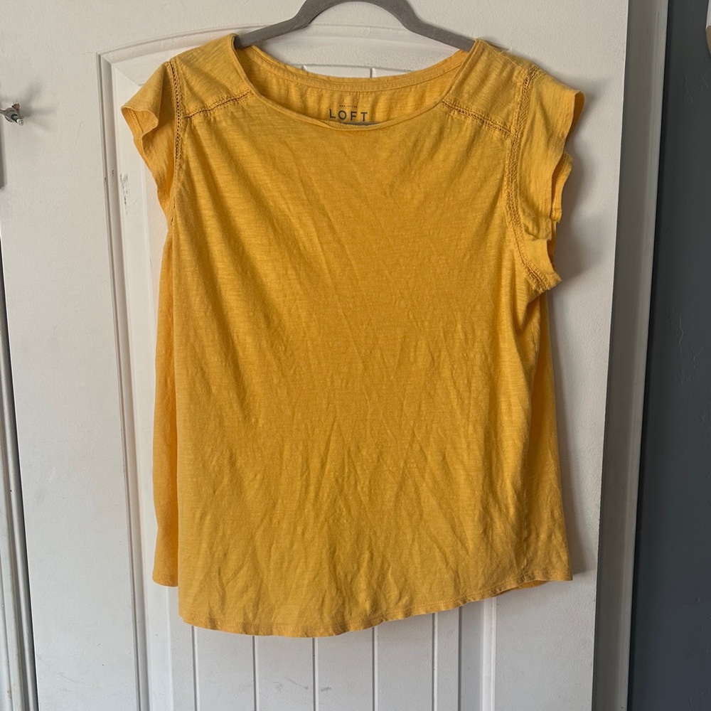 LOFT Mustard Yellow Flutter Sleeve Top with Crochet Detail - Large